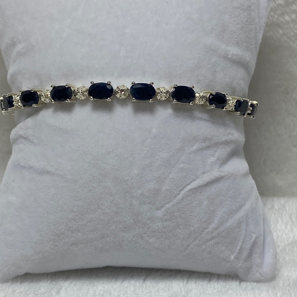 VTG Sterling Silver Deep Blue Sapphire Diamond Tennis Bracelet Sterling Silver 7